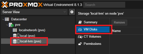 Screenshot of storages in Proxmox